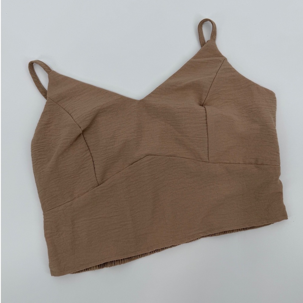 Tan Smocked Back Cropped Cami Top V-Neck Adjustable Straps Size L - Picture 1 of 6